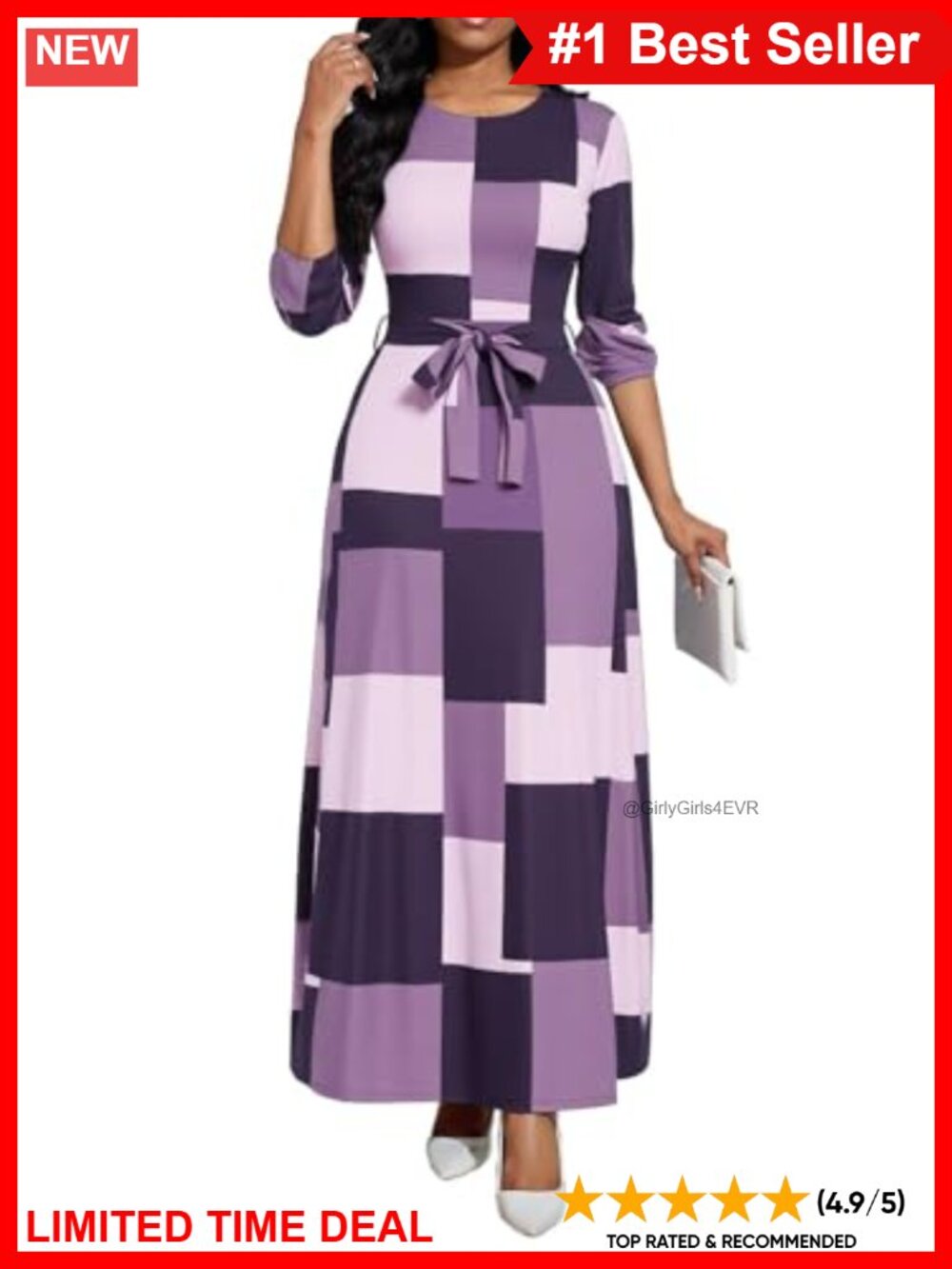 Women's Long Sleeve Floral Print Maxi Dress Crewneck Tie Back Casual